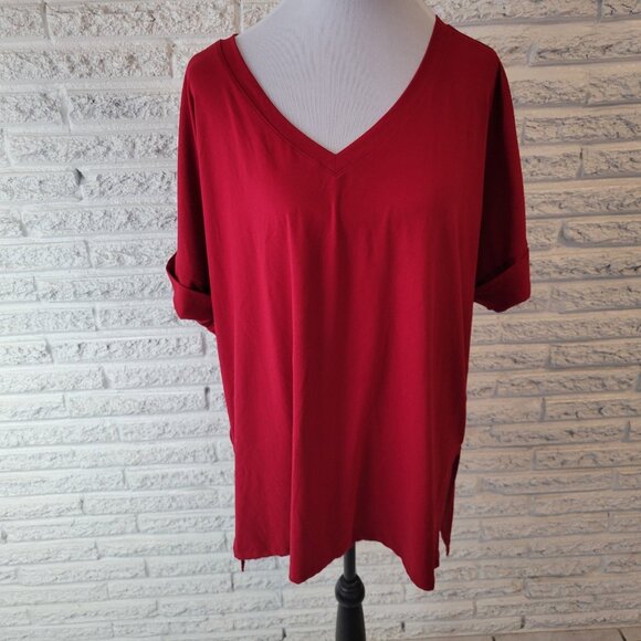 Zenana Womens Top 1X Plus Tee Cuff Short Sleeve Red Polyester Blend Comfy RED37E - Picture 1 of 9